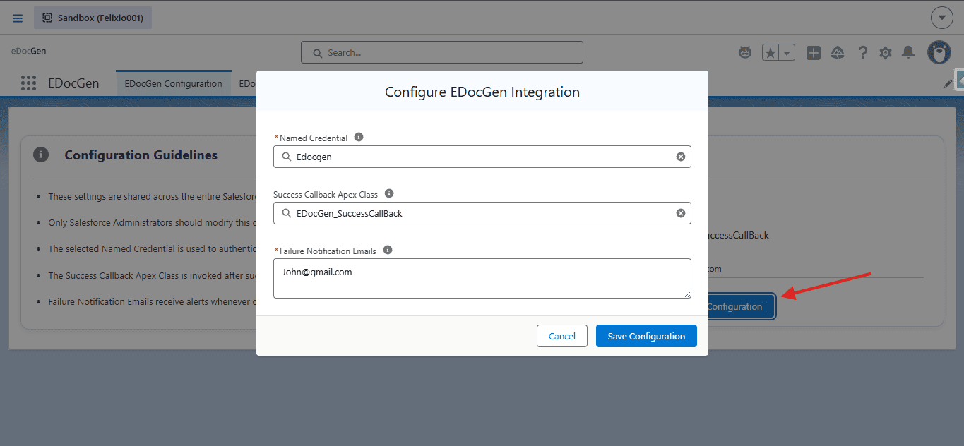 Configure EDocGen Integration dialog